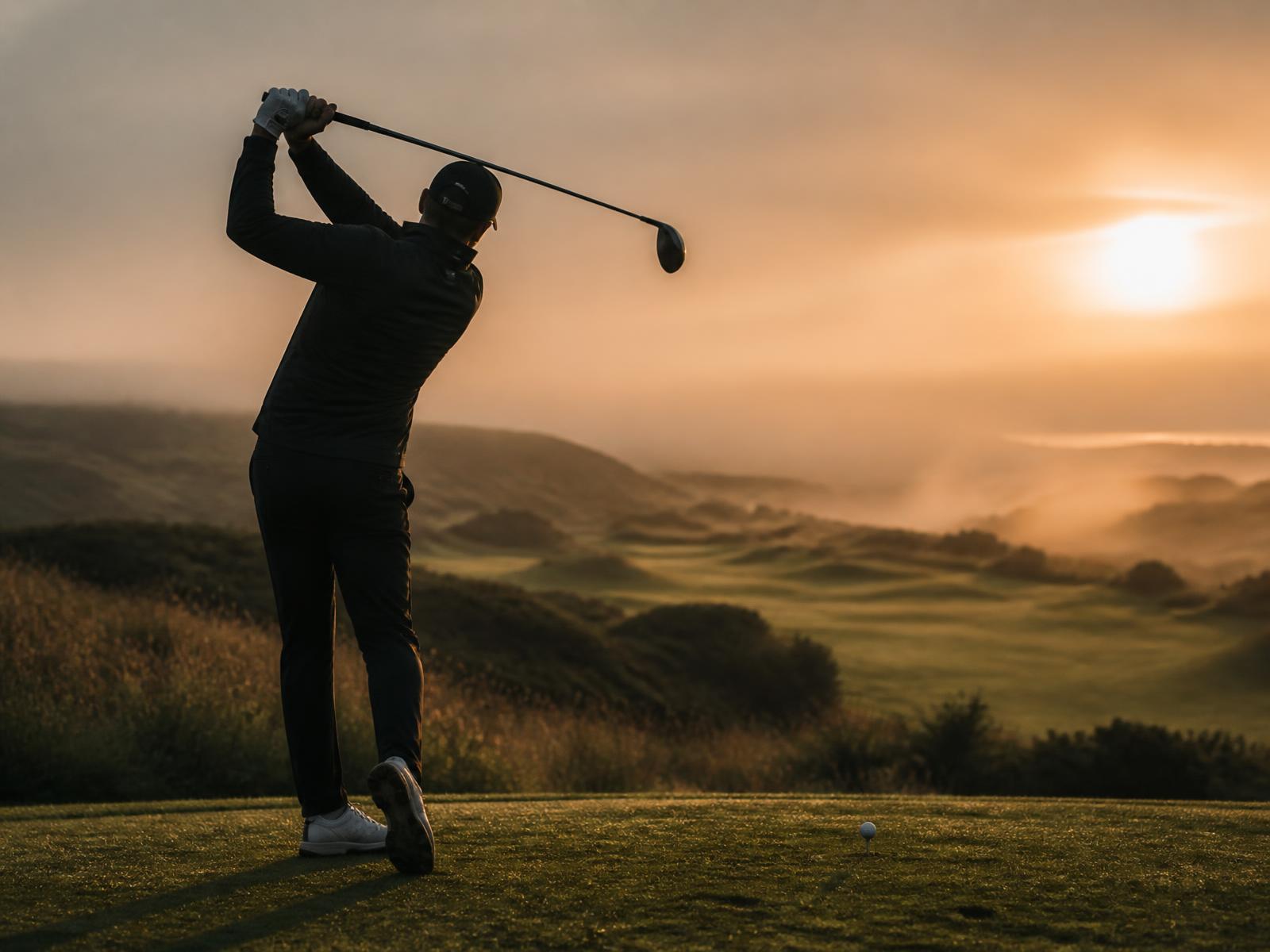 Golfer finishing a drive on a misty links course at sunrise